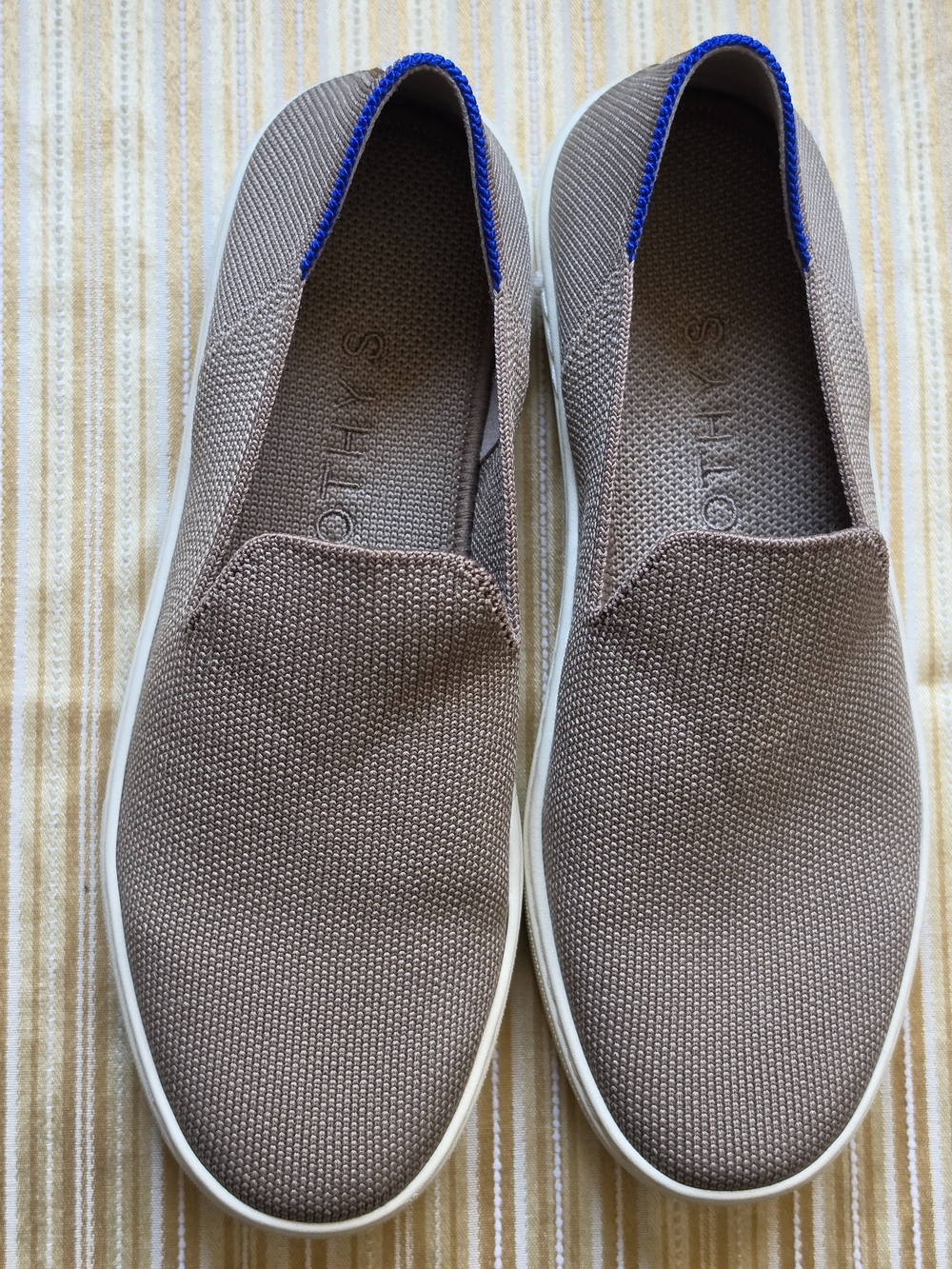 Rothy's Women's Slip-On Knit Sneakers in Taupe with Blue Trim